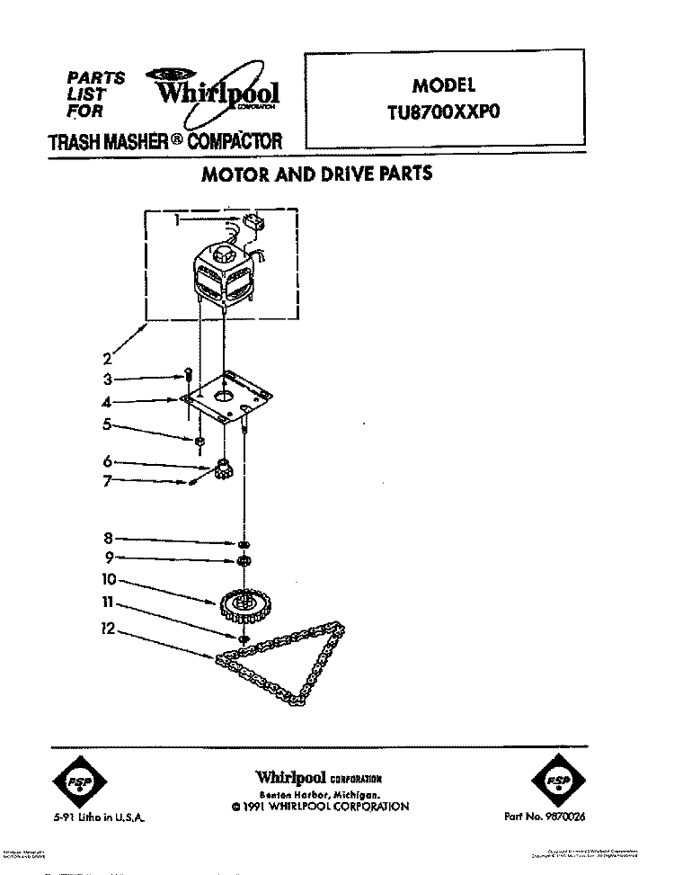 MOTOR AND DRIVE, LIT/OPTIONAL Diagram and Parts List for TU8700XXP0  Whirlpool Trash Compactor