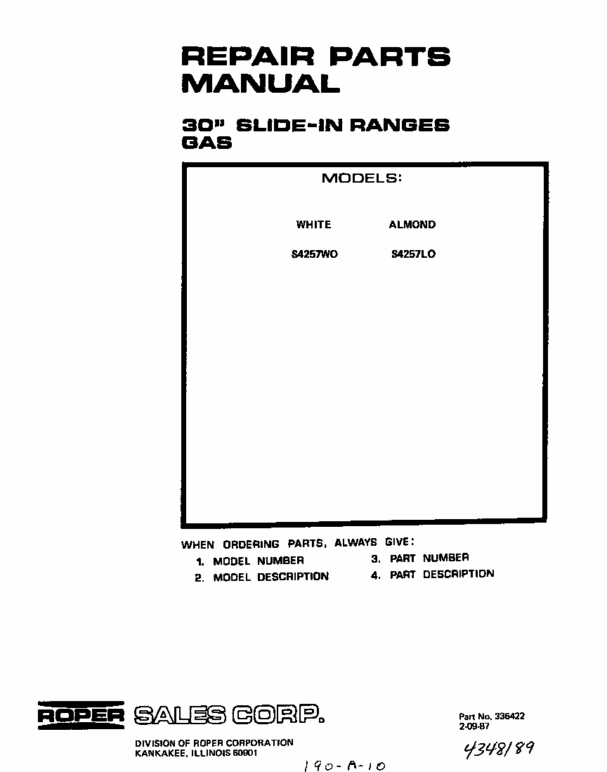 Cover Page-text Only Diagram and Parts List for S4257*0  Roper Range