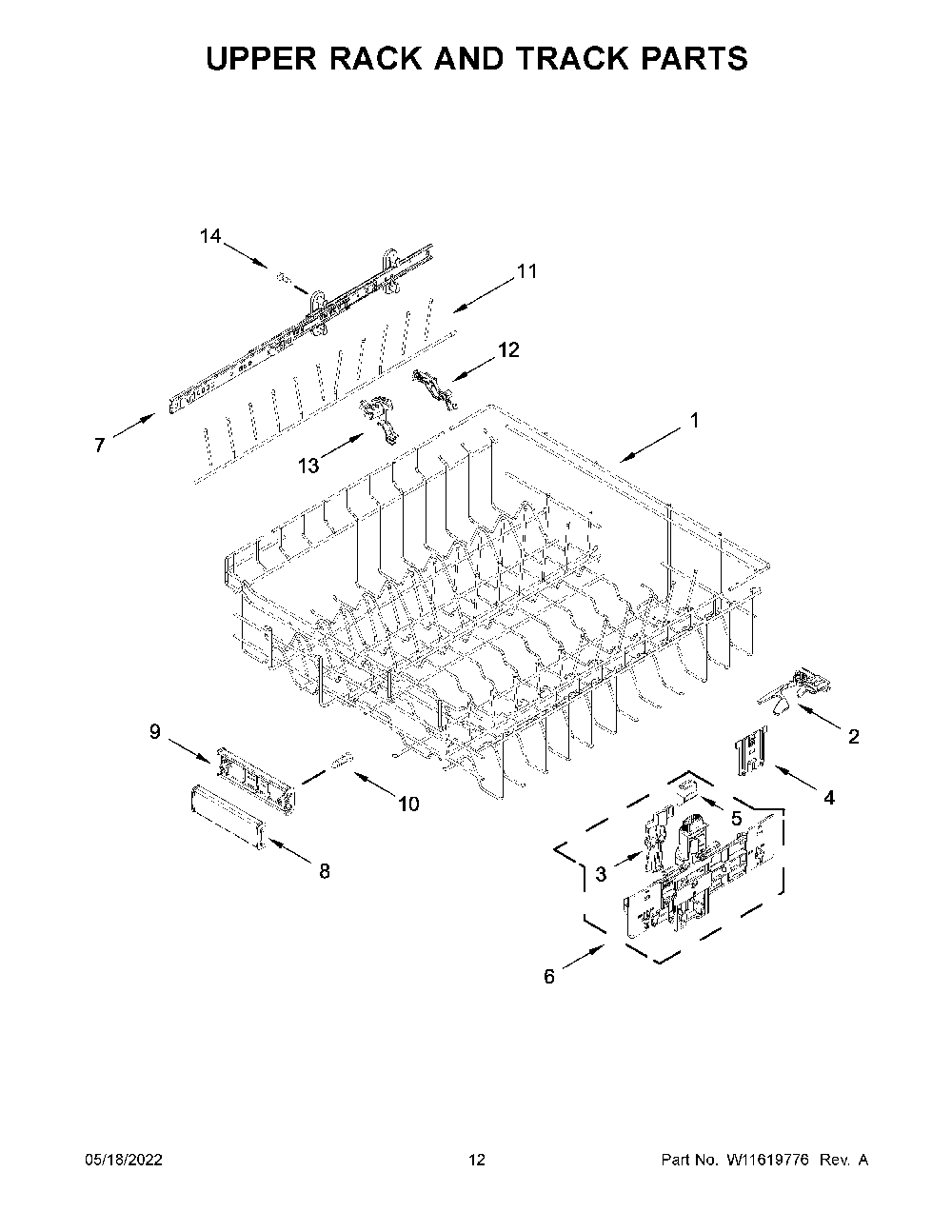 Upper Rack And Track Parts Diagram and Parts List for KDTM704KPS1  KitchenAid Dishwasher