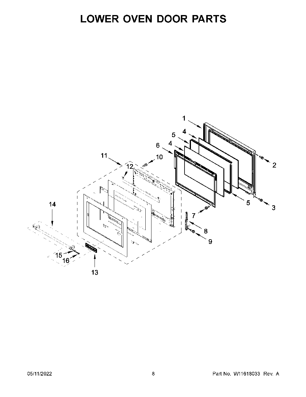 Lower Oven Door Parts Diagram and Parts List for KODE507EBS20  KitchenAid Wall Oven