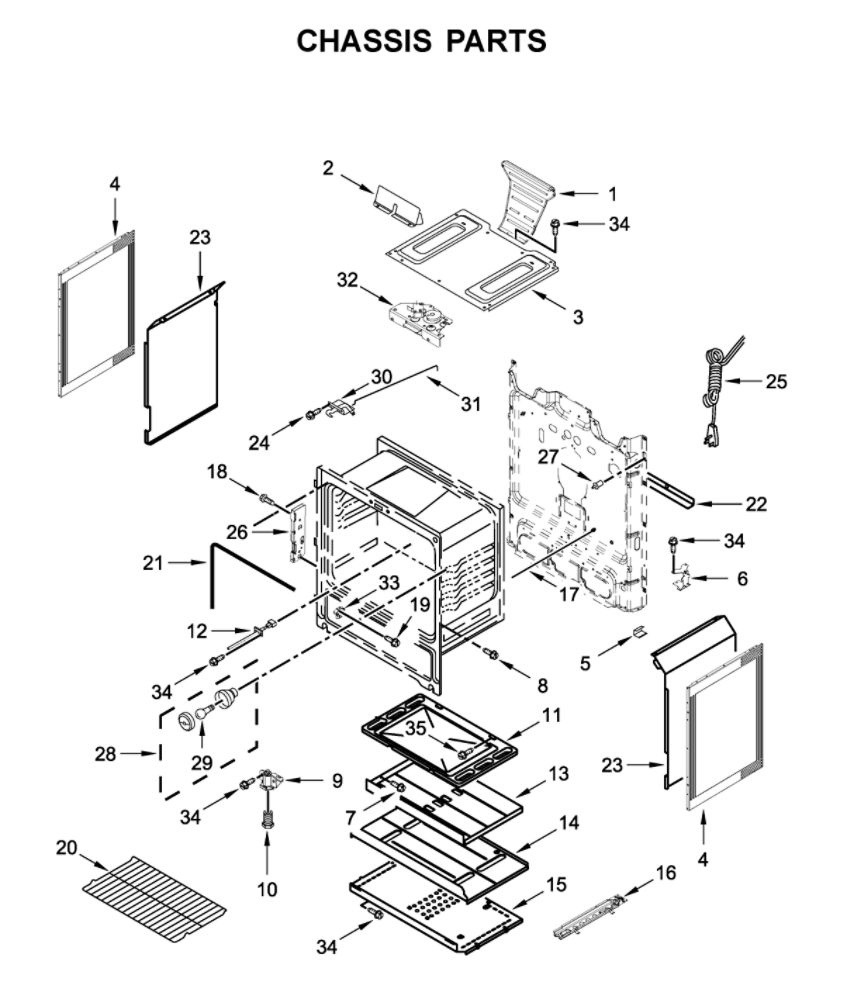 Chassis Parts Diagram and Parts List for WFG515S0JB1  Whirlpool Range
