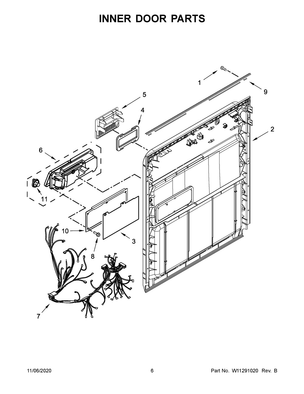 Inner Door Parts Diagram and Parts List for WDF330PAHB3  Whirlpool Dishwasher