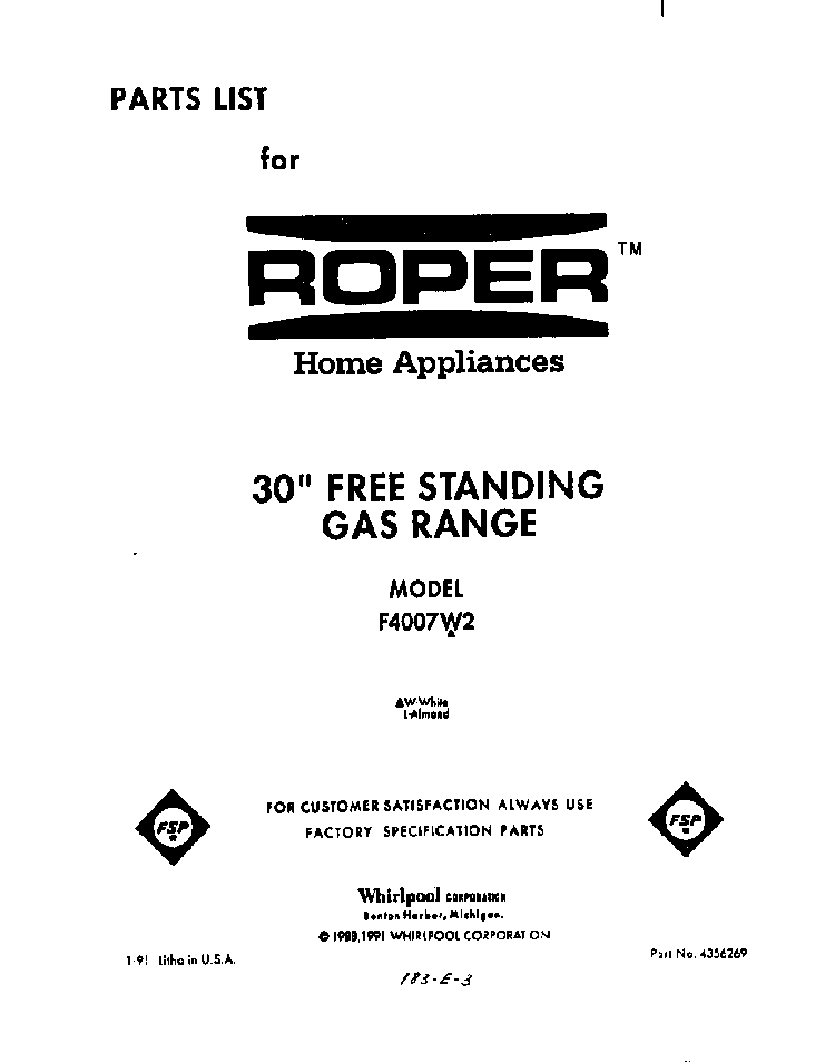 Front Cover Diagram and Parts List for F4007W2  Roper Range