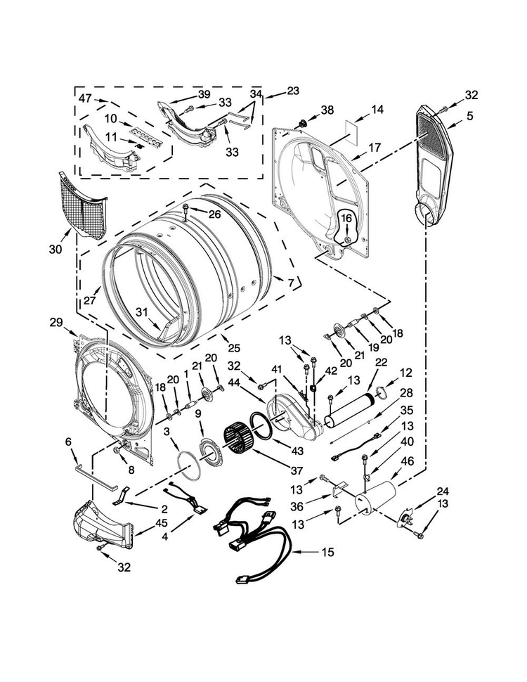 Bulkhead Parts Diagram and Parts List for WGD71HEDW0  Whirlpool Dryer