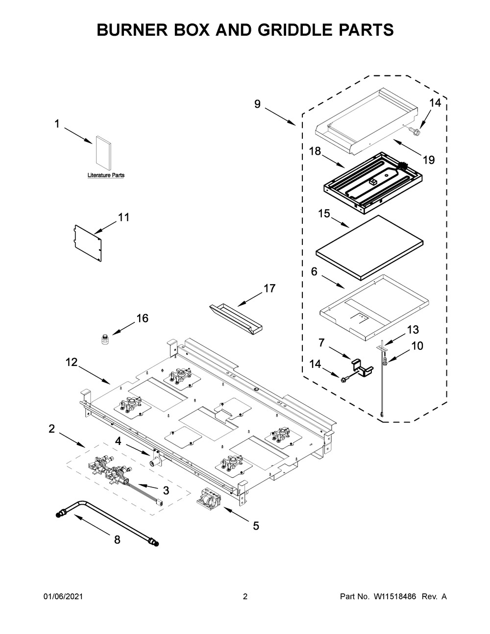 Burner Box And Griddle Parts Diagram and Parts List for JDSP536HL01  Whirlpool Range
