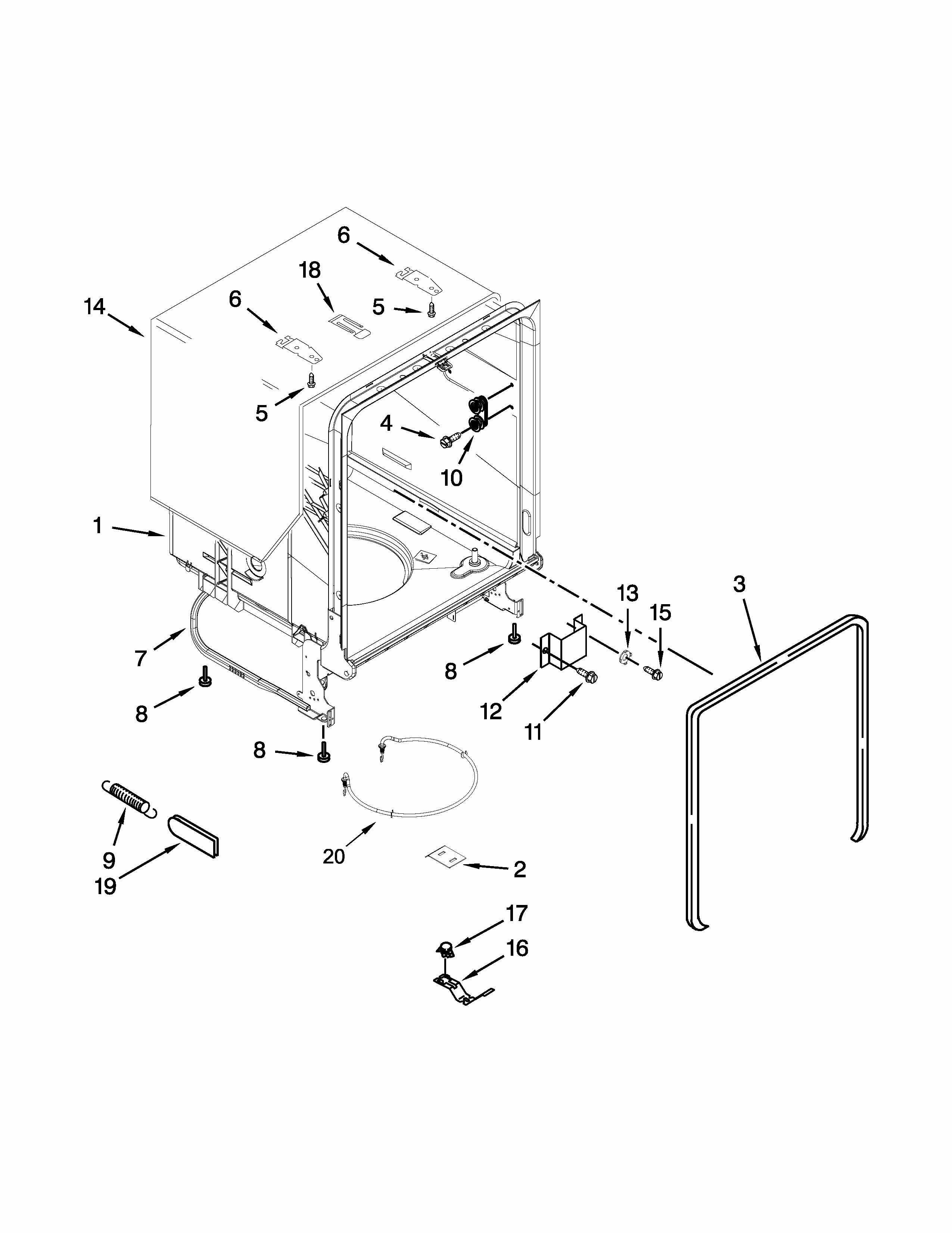 Tub And Frame Parts Diagram and Parts List for 66515119K216  Kenmore Dishwasher