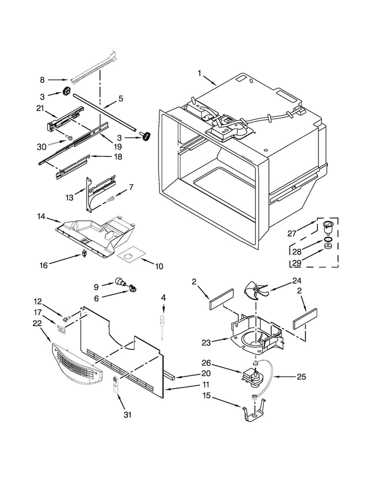 Freezer Liner Parts Diagram and Parts List for WRB329DFBB00  Whirlpool Refrigerator