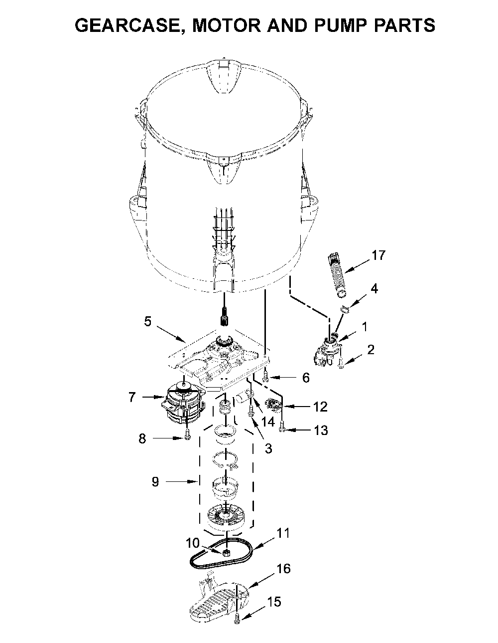 Gearcase, motor and pump parts Diagram and Parts List for 8TWTW6000JW0  Whirlpool Washer