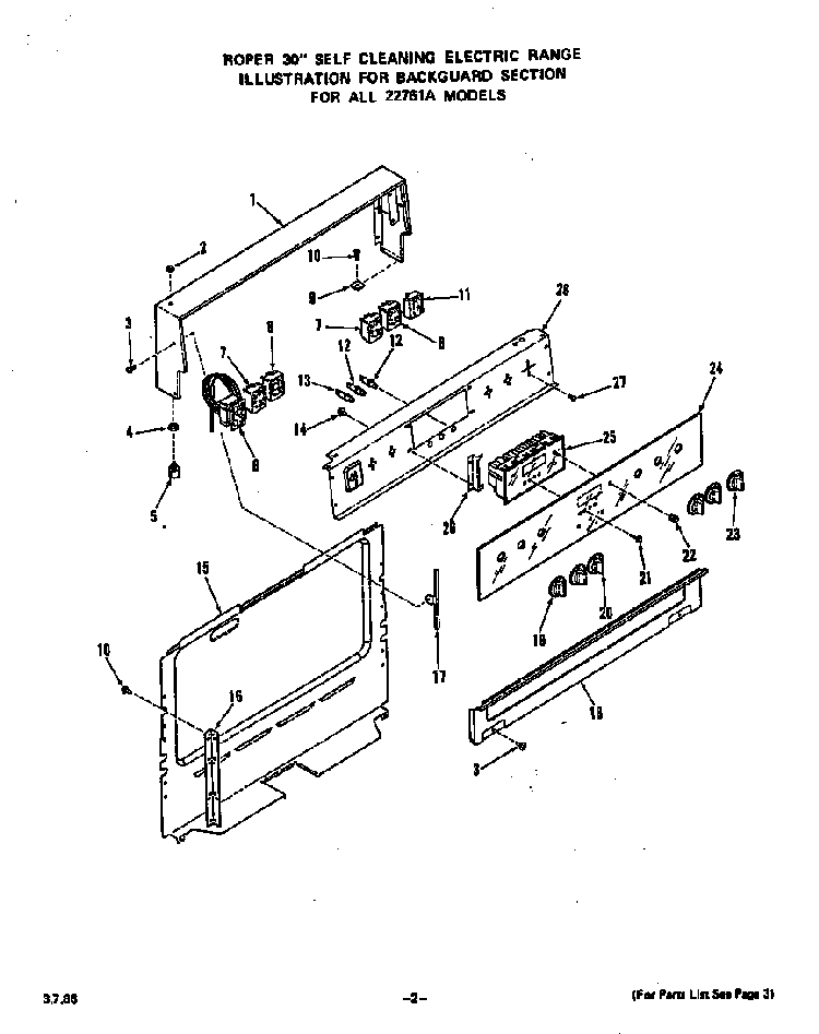 Backguard Diagram and Parts List for 2276*1A  Roper Range