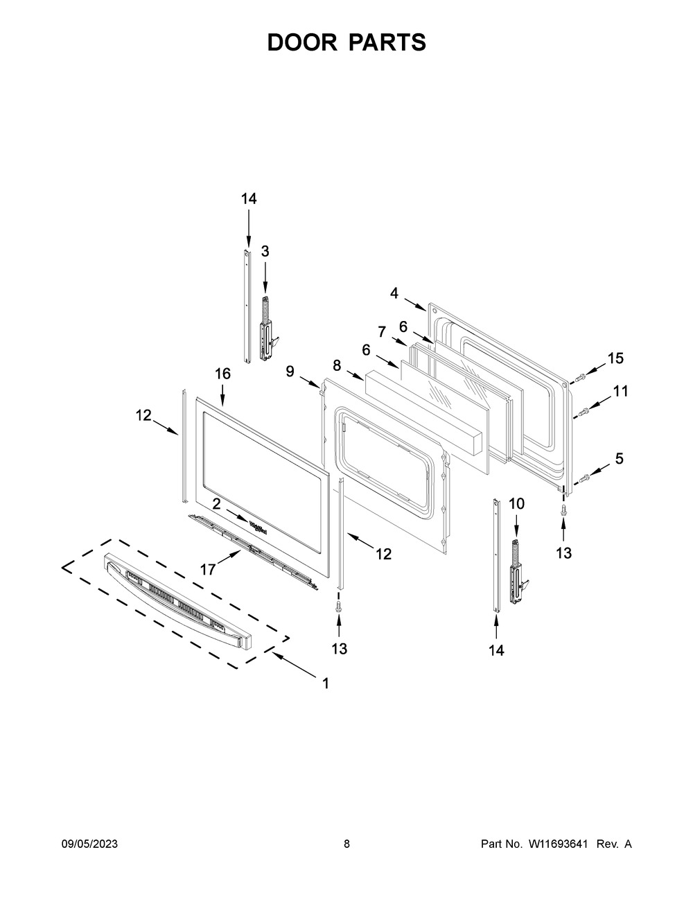 Door Parts Diagram and Parts List for WEG515S0LS4  Whirlpool Range