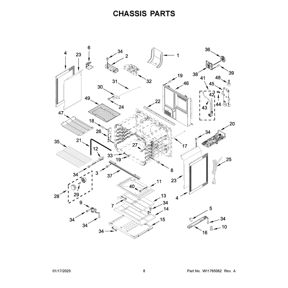 Chassis Parts Diagram and Parts List for WFGS7530RW1  Whirlpool Range