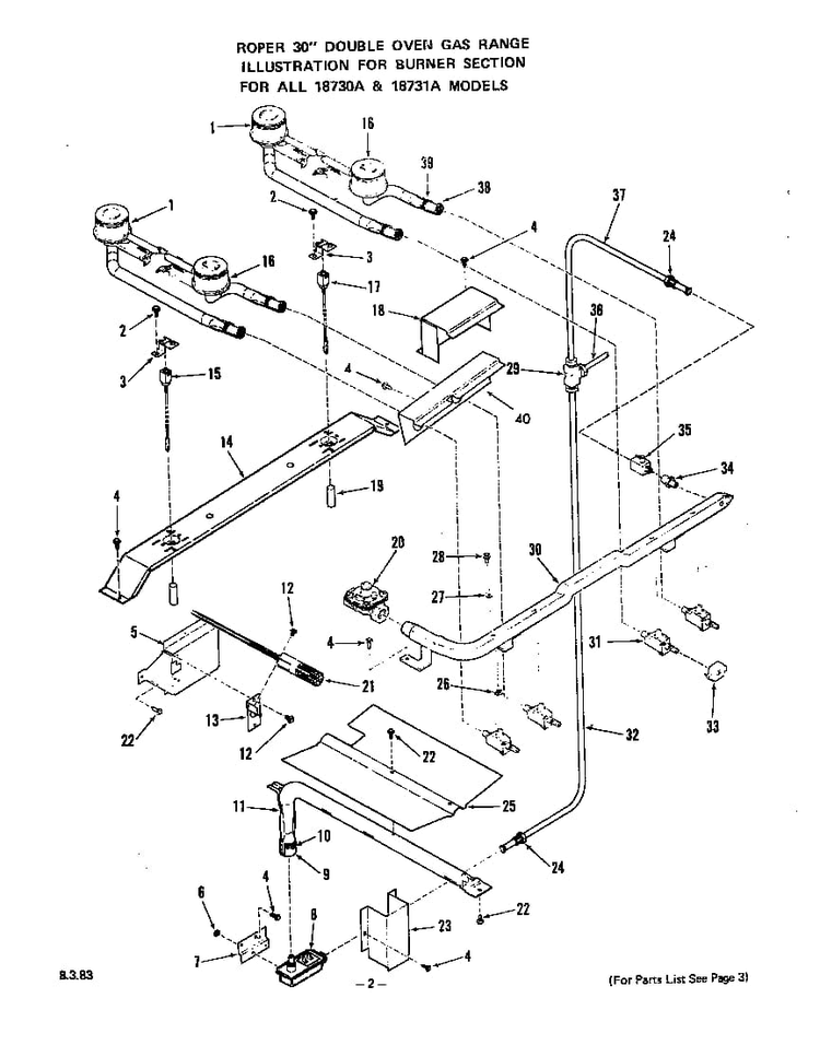 Burner Diagram and Parts List for 1873*1A  Roper Wall Oven