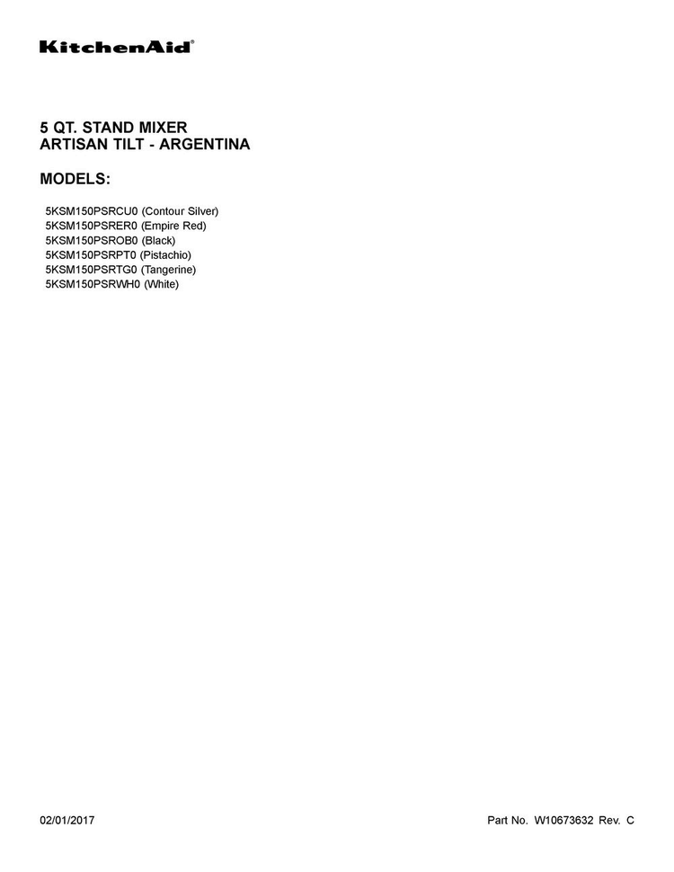 Cover Sheet Diagram and Parts List for 5KSM150PSRPT0  KitchenAid Mixer