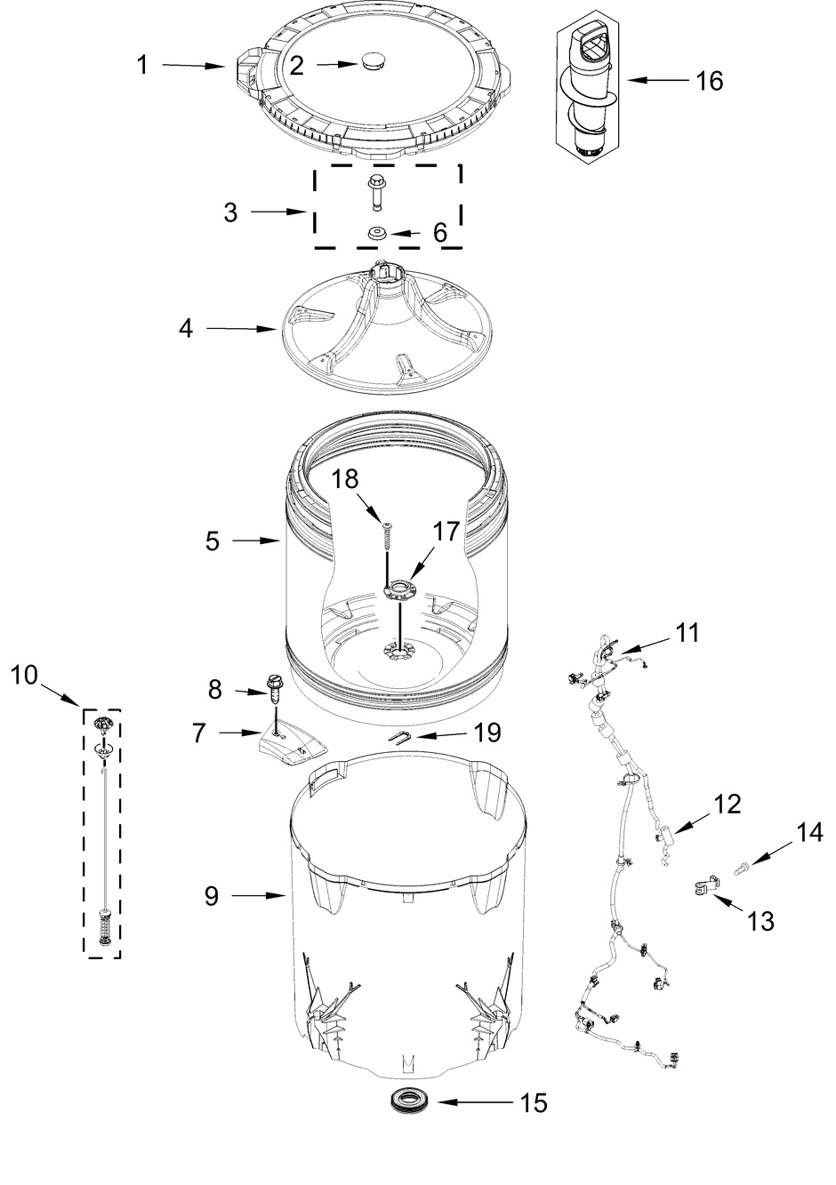 Basket And Tub Parts Diagram and Parts List for WTW4307SW0  Whirlpool Washer