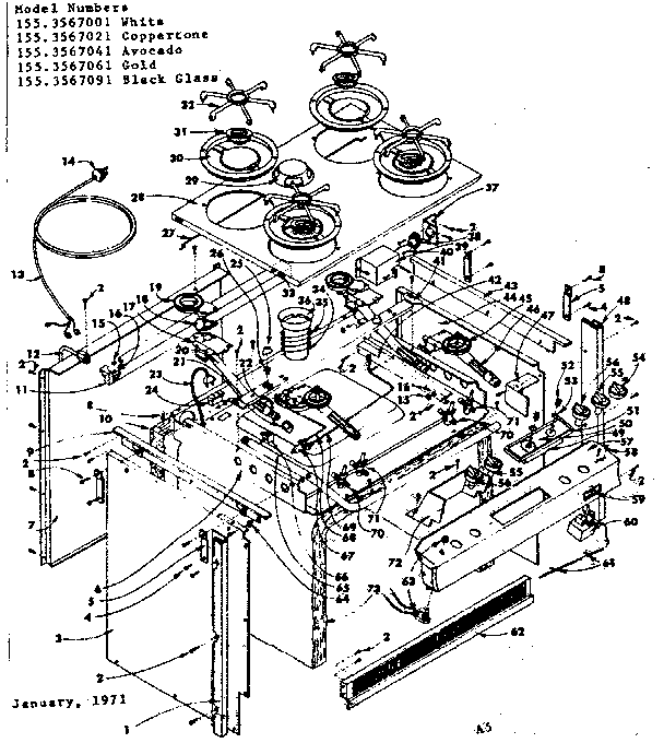 Top Section And Outer Body Diagram and Parts List for 1553567091  Kenmore Range