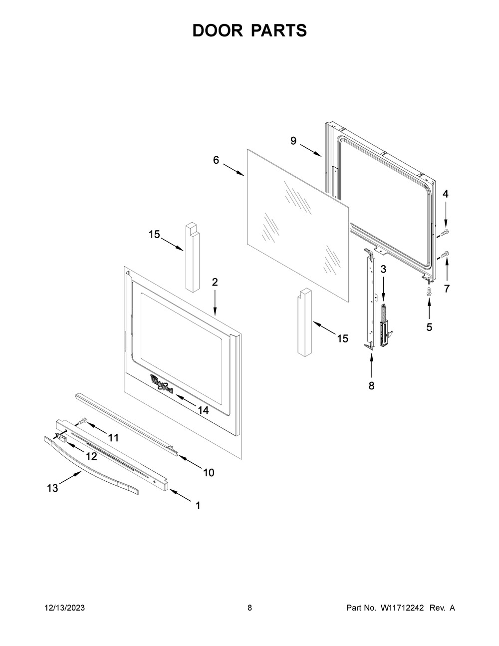 Door Parts Diagram and Parts List for YWFE745H0FS6  Whirlpool Range