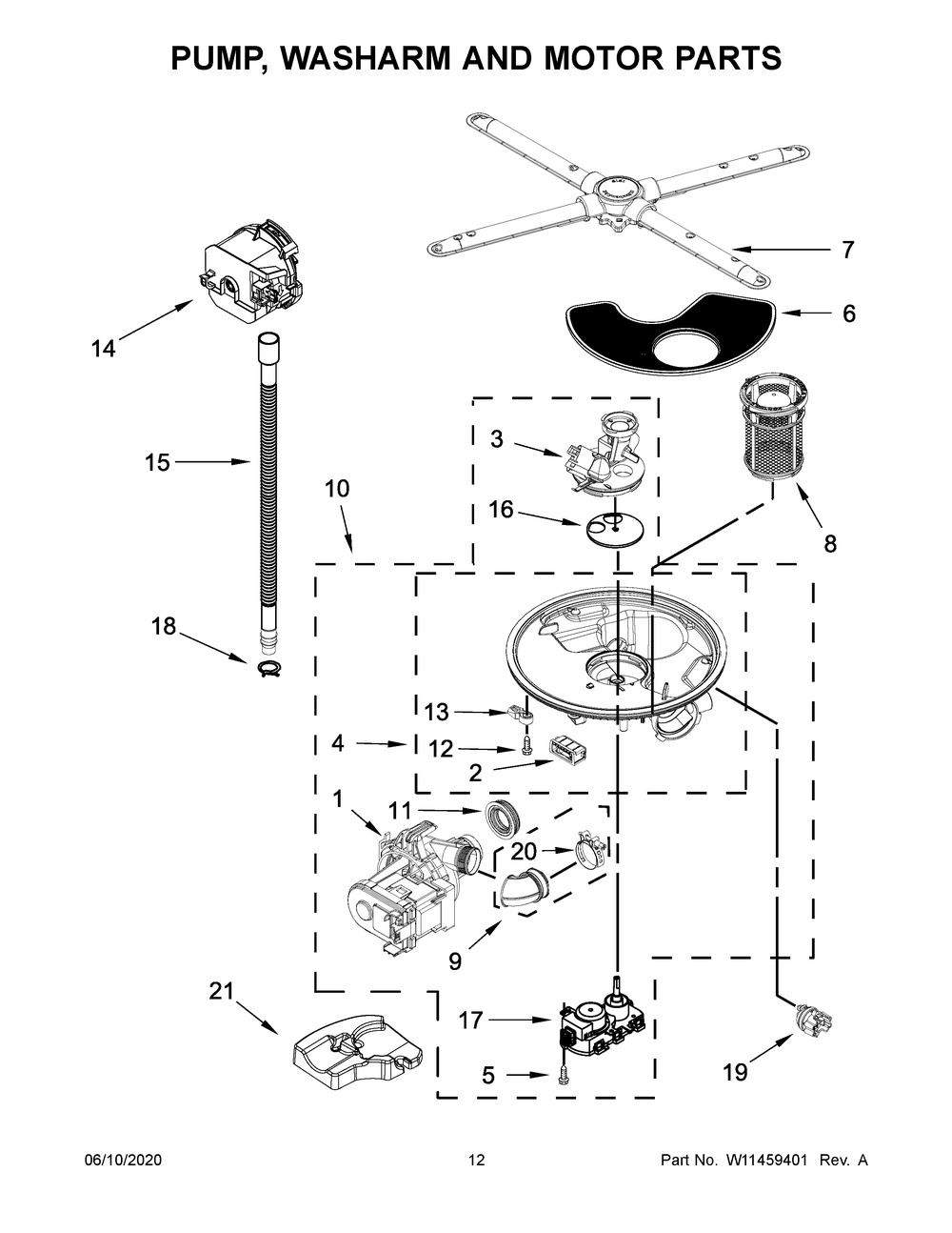 Pump, Washarm And Motor Parts Diagram and Parts List for KDTE204GPS1  Whirlpool Dishwasher
