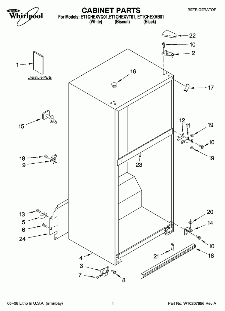 CABINET PARTS Diagram and Parts List for ET1CHEXVB01  Whirlpool Refrigerator