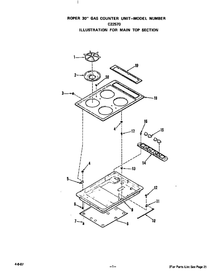 Main Top Diagram and Parts List for C2257*0  Roper Cooktop