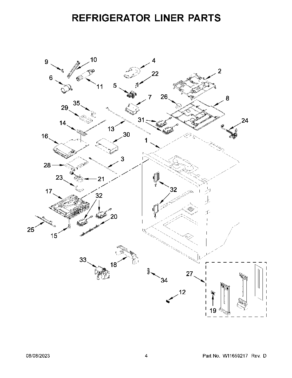 Refrigerator Liner Parts Diagram and Parts List for KRFF577KBS02  KitchenAid Refrigerator
