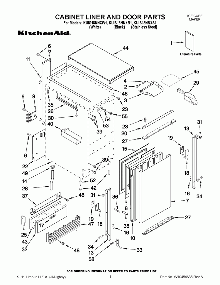 CABINET, DOOR AND LINER PARTS Diagram and Parts List for KUIS18NNXS1  KitchenAid Ice Maker