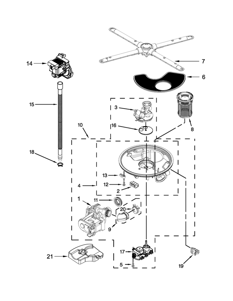 Pump, Washarm And Motor Parts Diagram and Parts List for KDTE204EPA0  KitchenAid Dishwasher