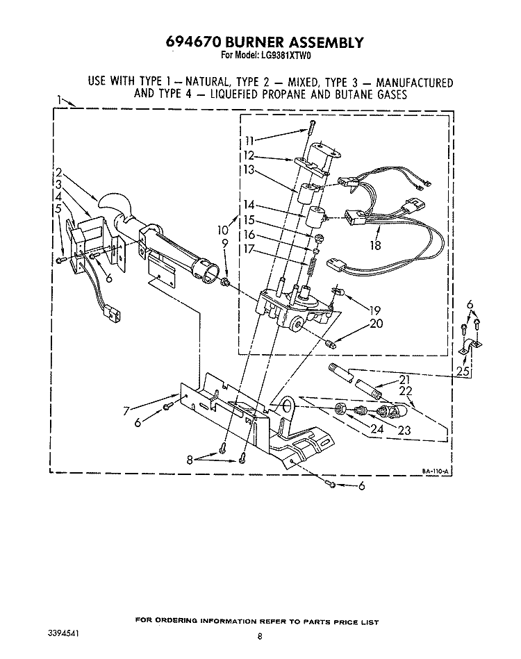 694670 BURNER ASSEMBLY Diagram and Parts List for LG9381XTW0  Whirlpool Dryer