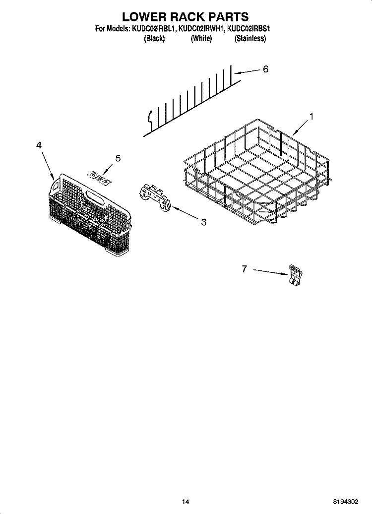 LOWER RACK PARTS, OPTIONAL PARTS (NOT INCLUDED) Diagram and Parts List for KUDC02IRWH1  KitchenAid Dishwasher