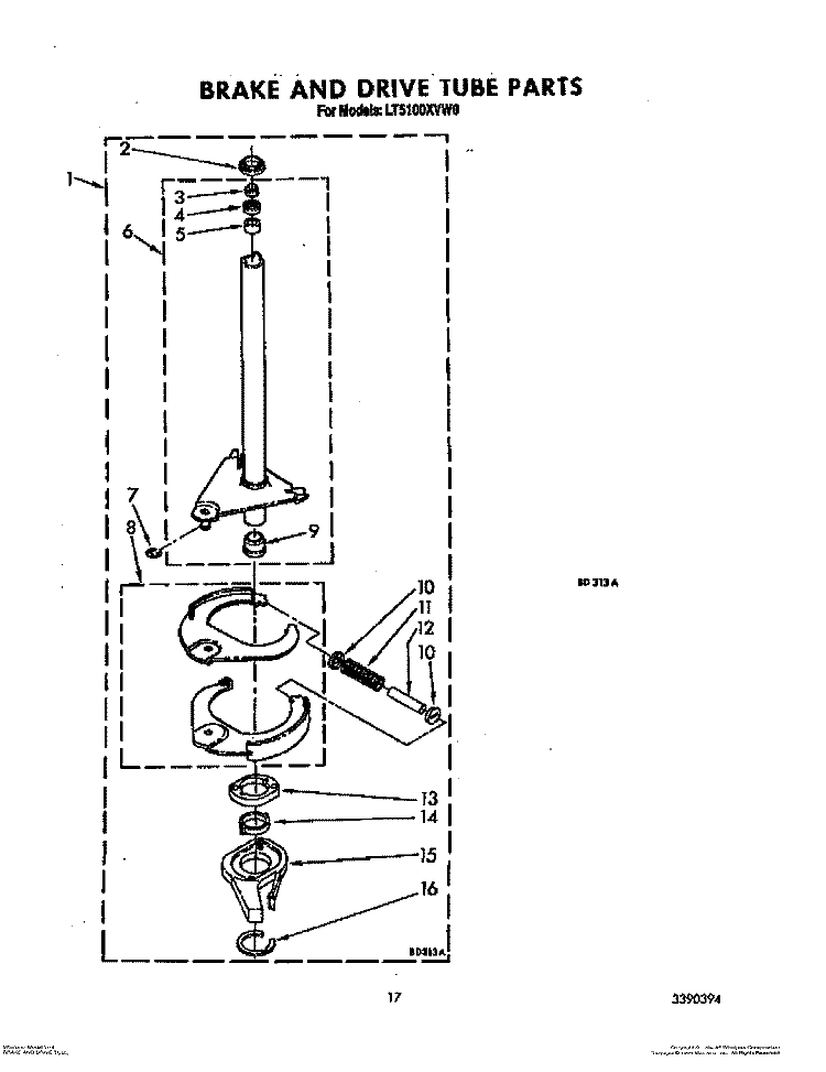 BRAKE AND DRIVE TUBE Diagram and Parts List for LT5100XVW0  Whirlpool Washer Dryer Combo