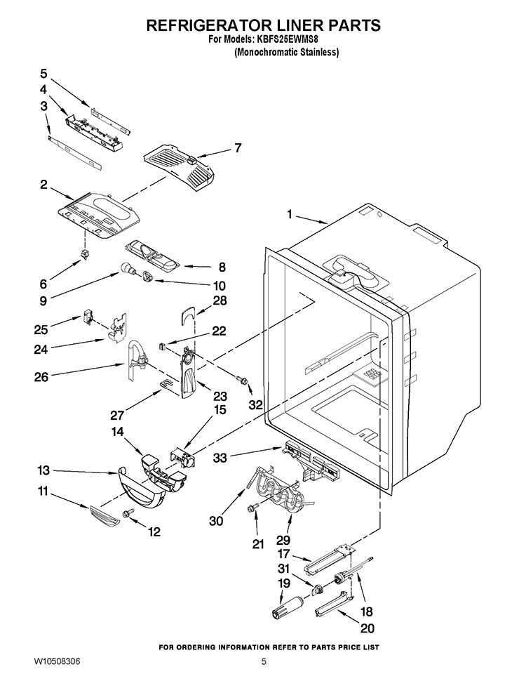 REFRIGERATOR LINER PARTS Diagram and Parts List for KBFS25EWMS8  KitchenAid Refrigerator