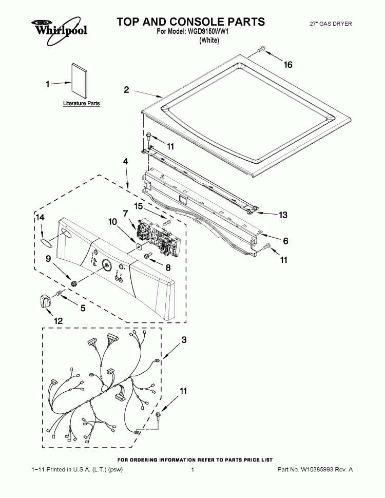 TOP AND CONSOLE PARTS Diagram and Parts List for WGD9150WW1  Whirlpool Dryer