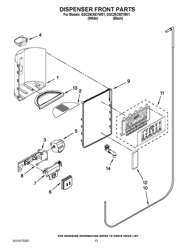 DISPENSER FRONT PARTS Diagram and Parts List for GSC25C6EYB01  Whirlpool Refrigerator