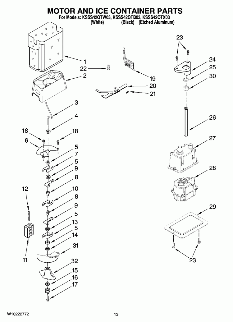MOTOR AND ICE CONTAINER PARTS Diagram and Parts List for KSSS42QTX03  KitchenAid Refrigerator
