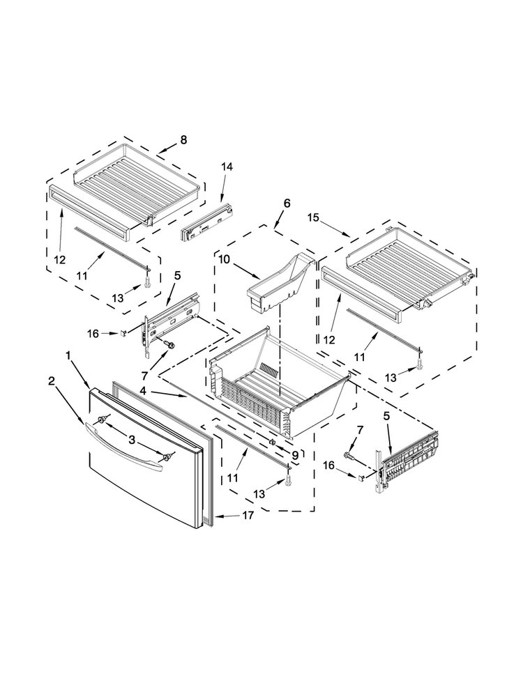 Freezer Door Parts Diagram and Parts List for WRX988SIBE01  Whirlpool Refrigerator