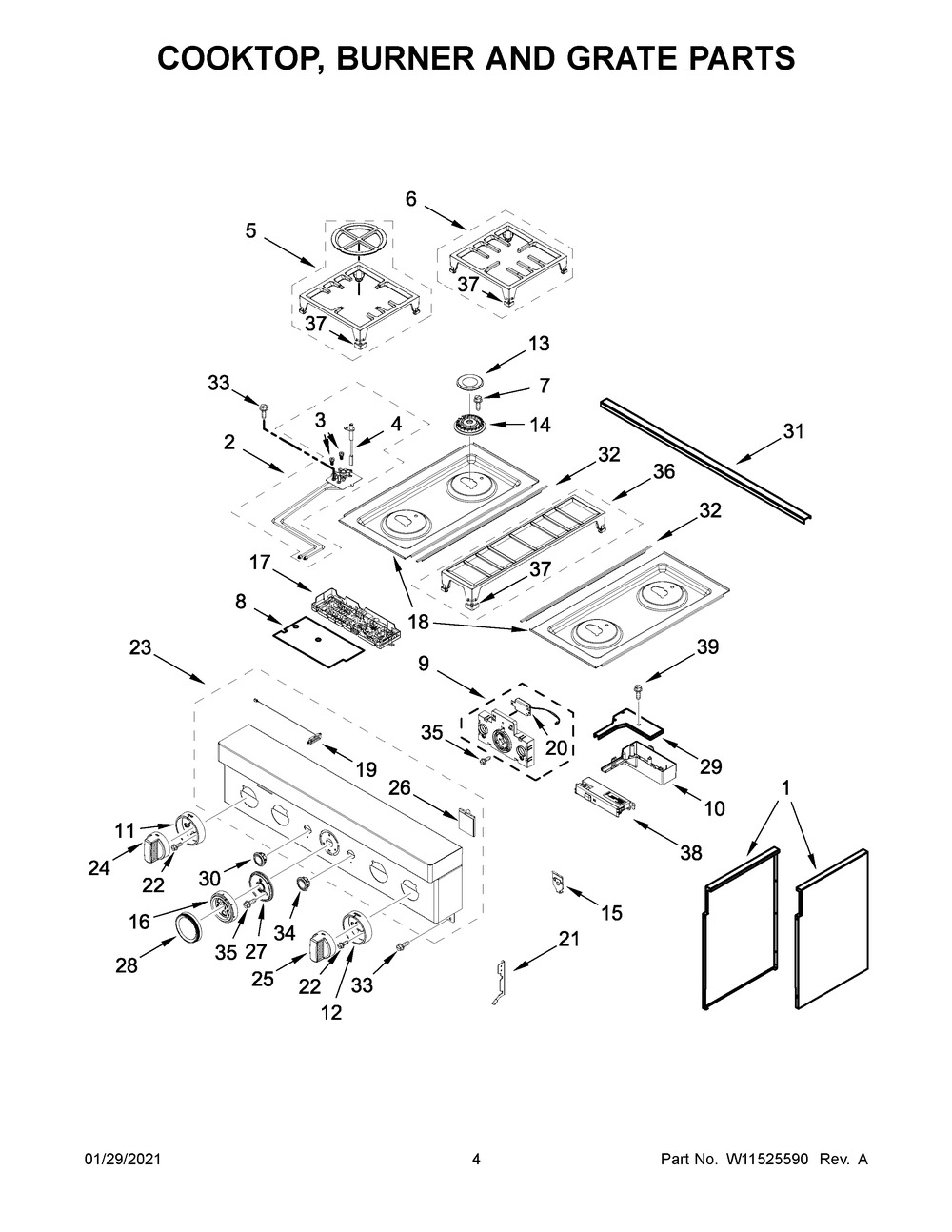 Cooktop, Burner And Grate Parts Diagram and Parts List for KFDC500JIB01  Whirlpool Range