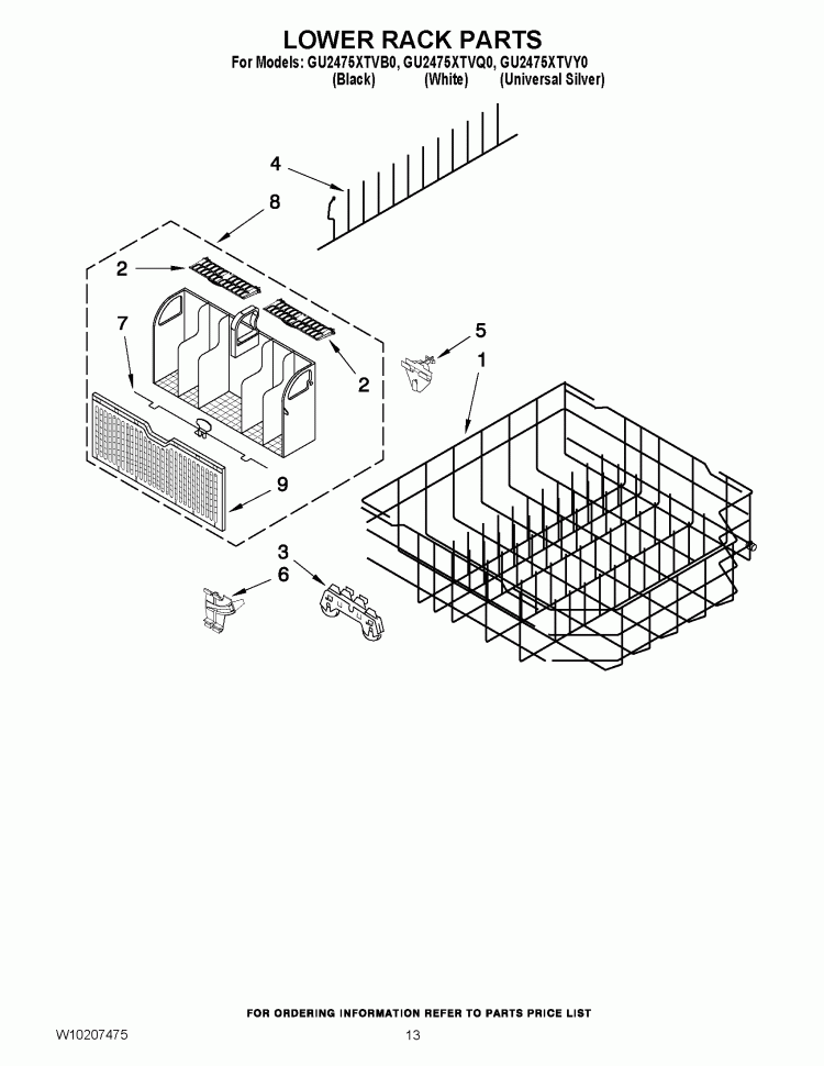 LOWER RACK PARTS Diagram and Parts List for GU2475XTVB0  Whirlpool Dishwasher