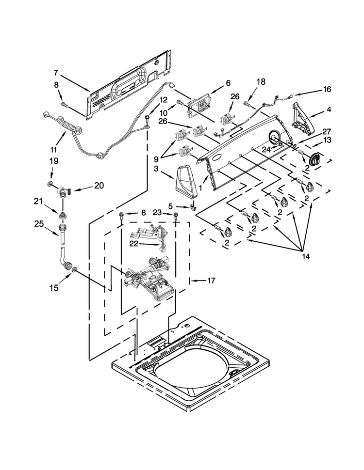 Controls And Water Inlet Parts Diagram and Parts List for 1CWTW4840YW2  Whirlpool Washer