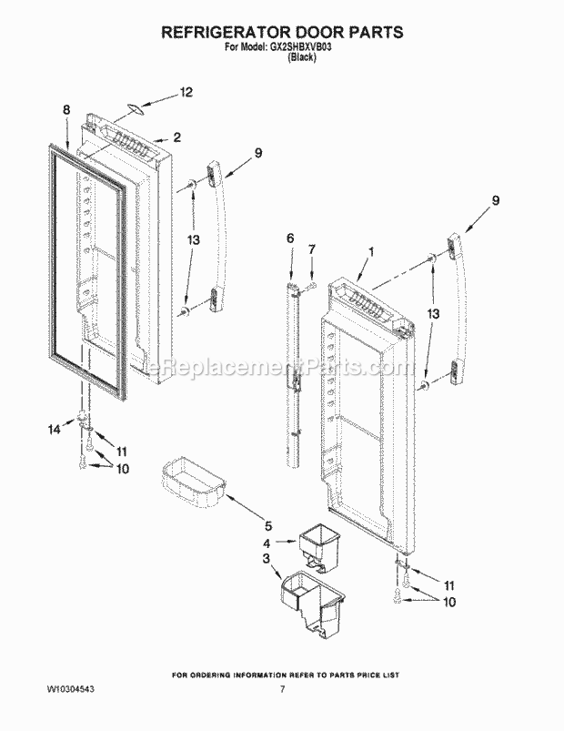 Refrigerator Door Parts Diagram and Parts List for W10304543A  Whirlpool Refrigerator