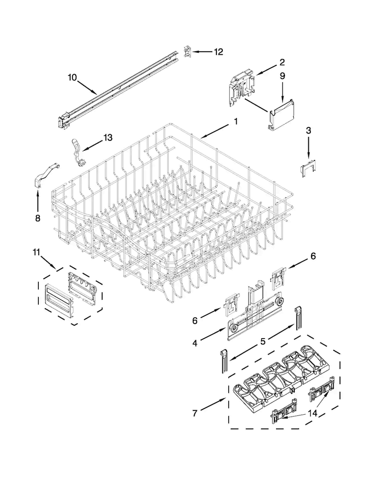Upper Rack And Track Parts Diagram and Parts List for KUDE20IXSSA  KitchenAid Dishwasher