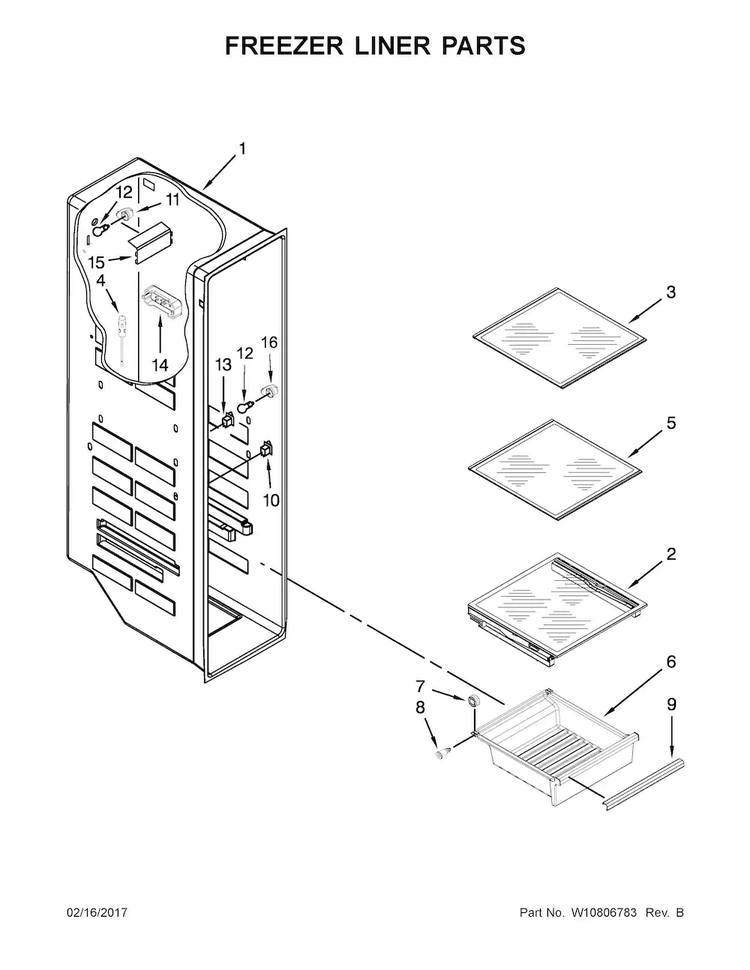 Freezer Liner Parts Diagram and Parts List for WRS586FIEE01  Whirlpool Refrigerator