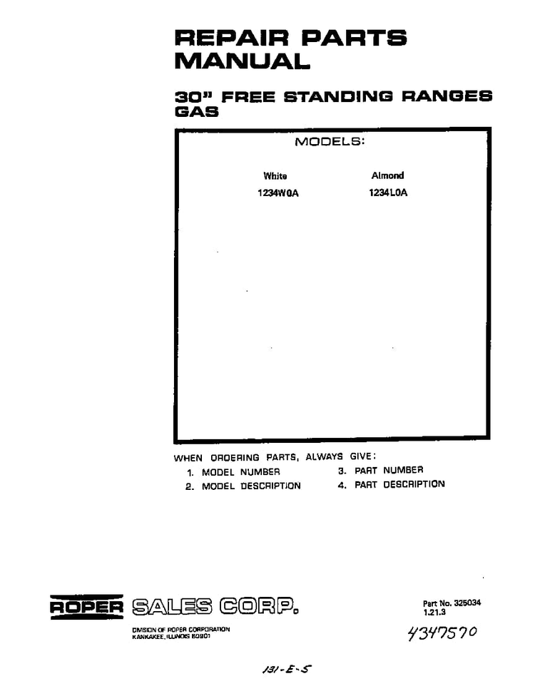 Cover Page-text Only Diagram and Parts List for 1234*0A  Roper Range