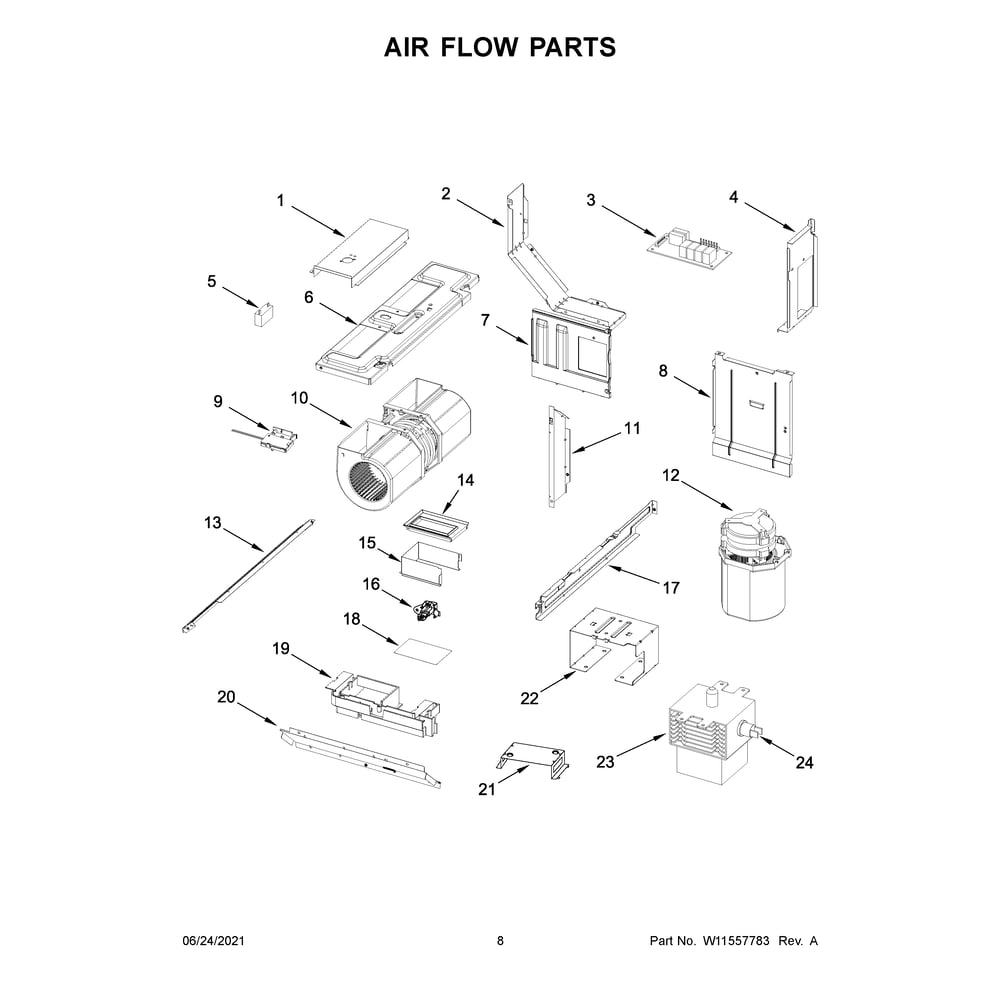 Air Flow Parts Diagram and Parts List for WML55011HW07  Whirlpool Microwave