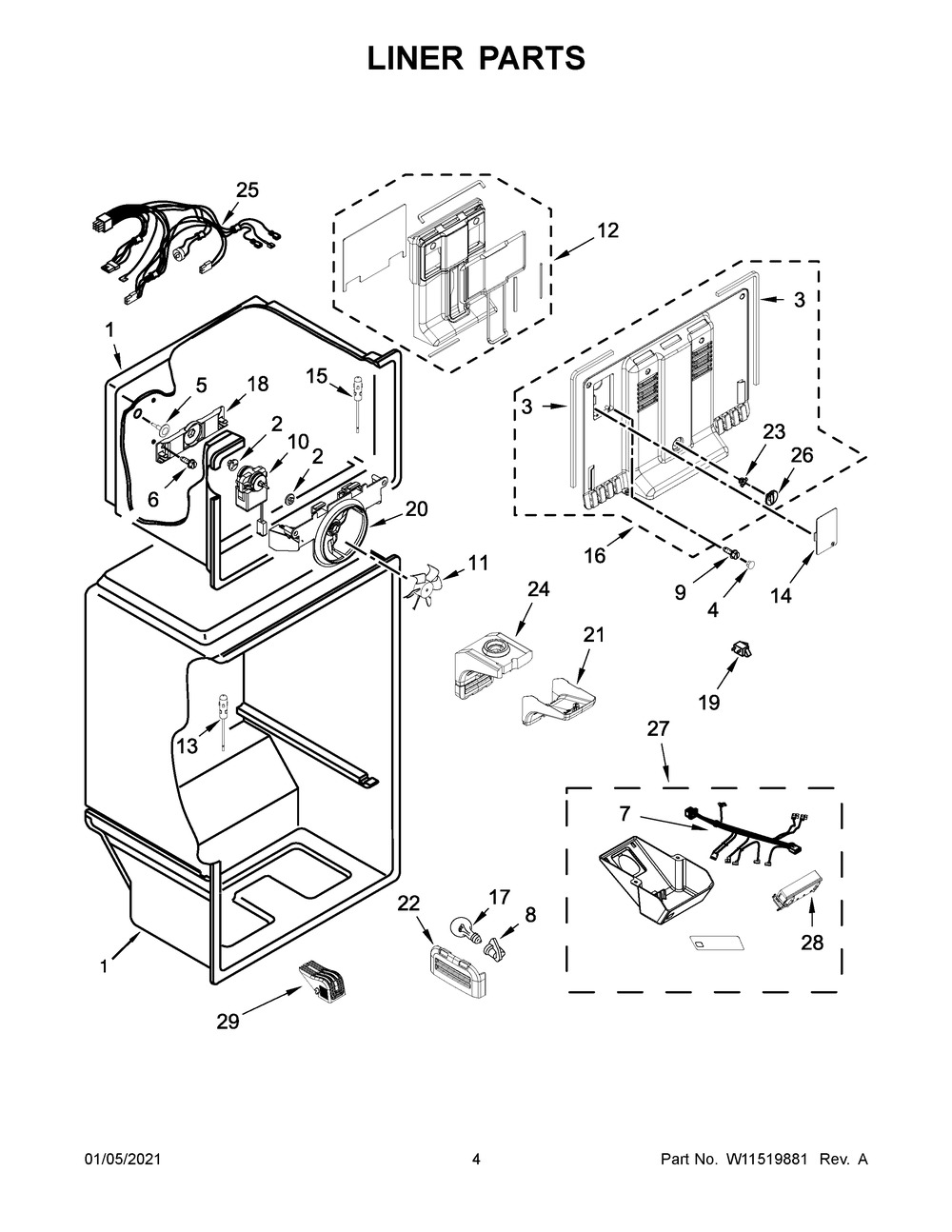 Liner Parts Diagram and Parts List for ART318FFDB07  Whirlpool Refrigerator