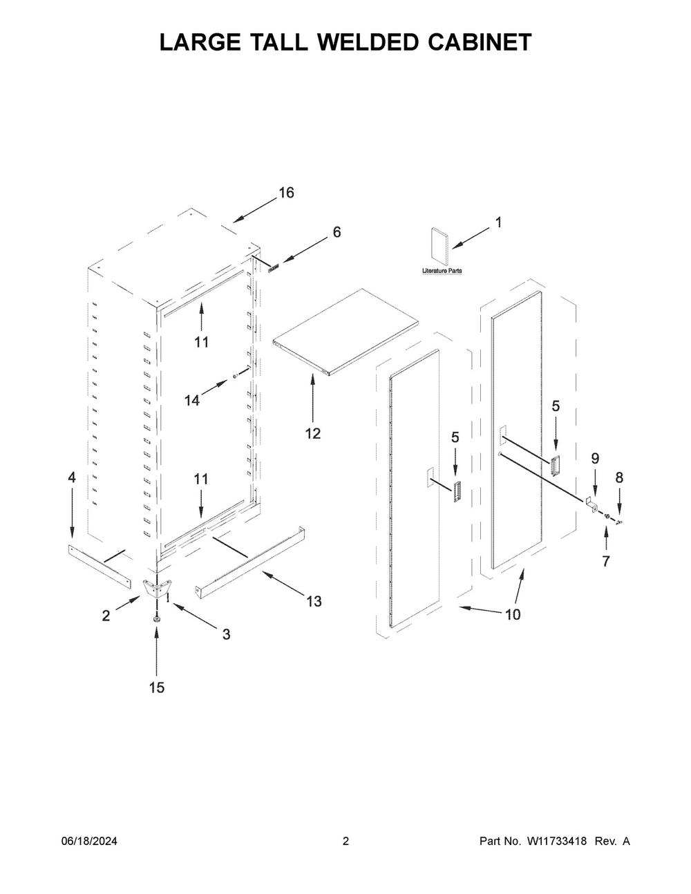 02 - Large Tall Welded Cabinet Diagram and Parts List for GALG362DPW00  Whirlpool Cabinet