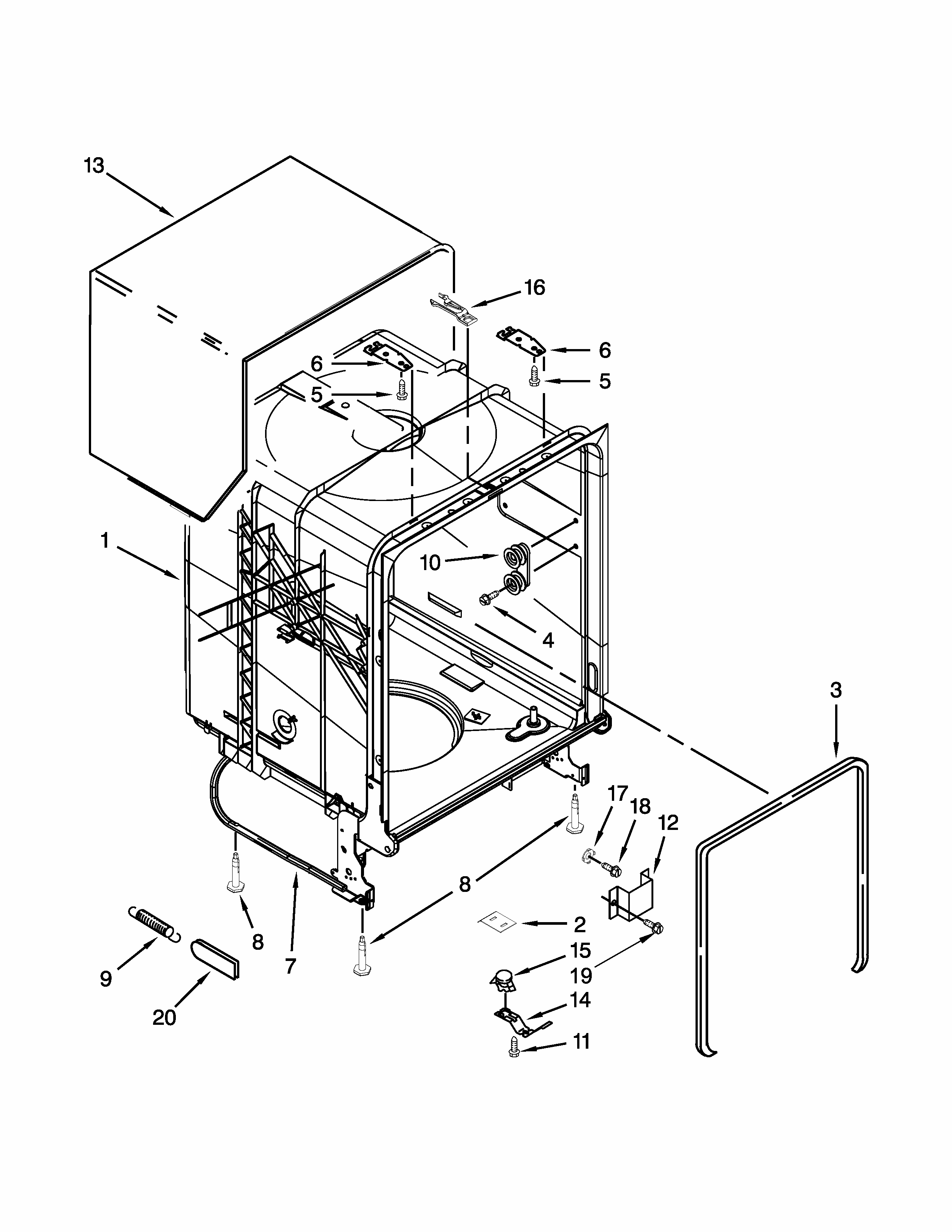 Tub And Frame Parts Diagram and Parts List for 66513032K115  Kenmore Dishwasher