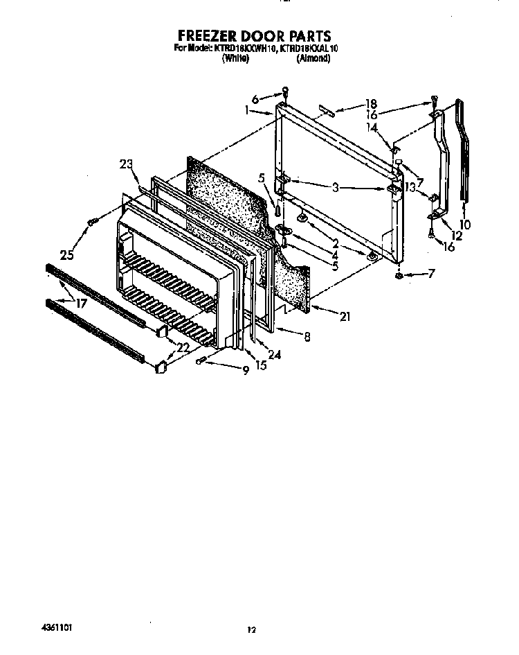 Freezer Door Diagram and Parts List for KTRD18KXWH00  KitchenAid Refrigerator