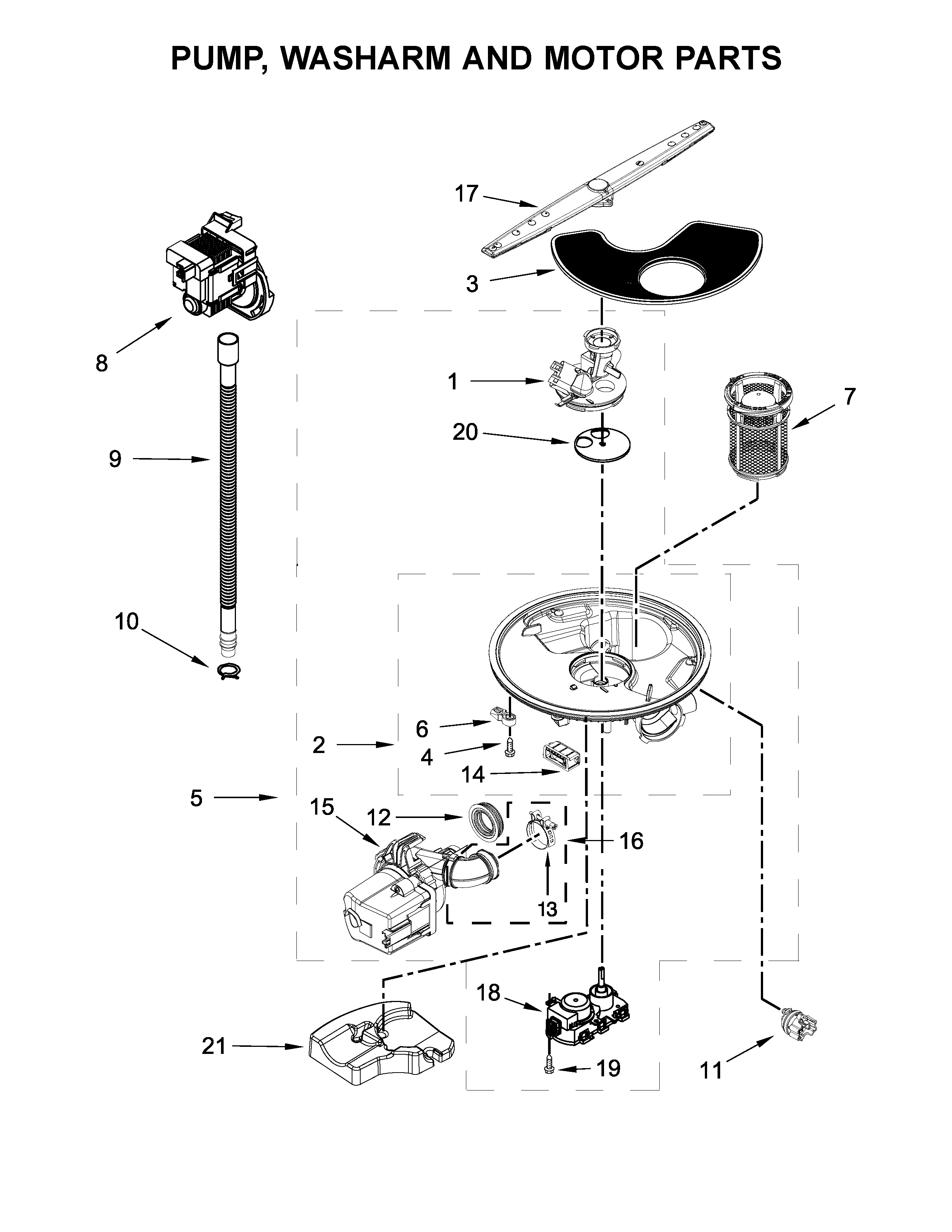 07 - PUMP, WASHARM AND MOTOR PARTS Diagram and Parts List for WDT730PAHZ0  Whirlpool Dishwasher