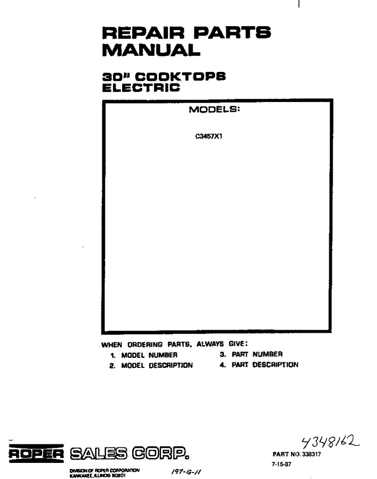 Cover Page Diagram and Parts List for C3457*1  Roper Range