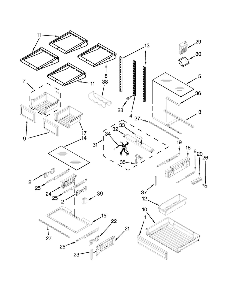 Shelf Parts Diagram and Parts List for KFIV29PCMS01  KitchenAid Refrigerator