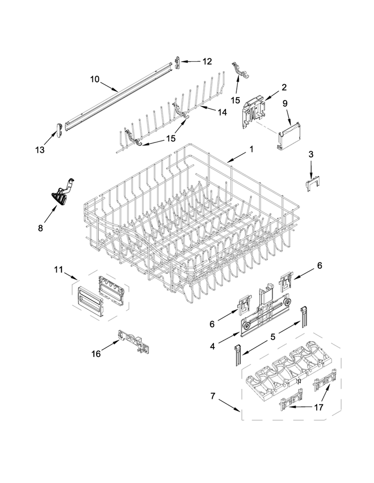 Upper Rack And Track Parts Diagram and Parts List for KDFE454CSS4  KitchenAid Dishwasher